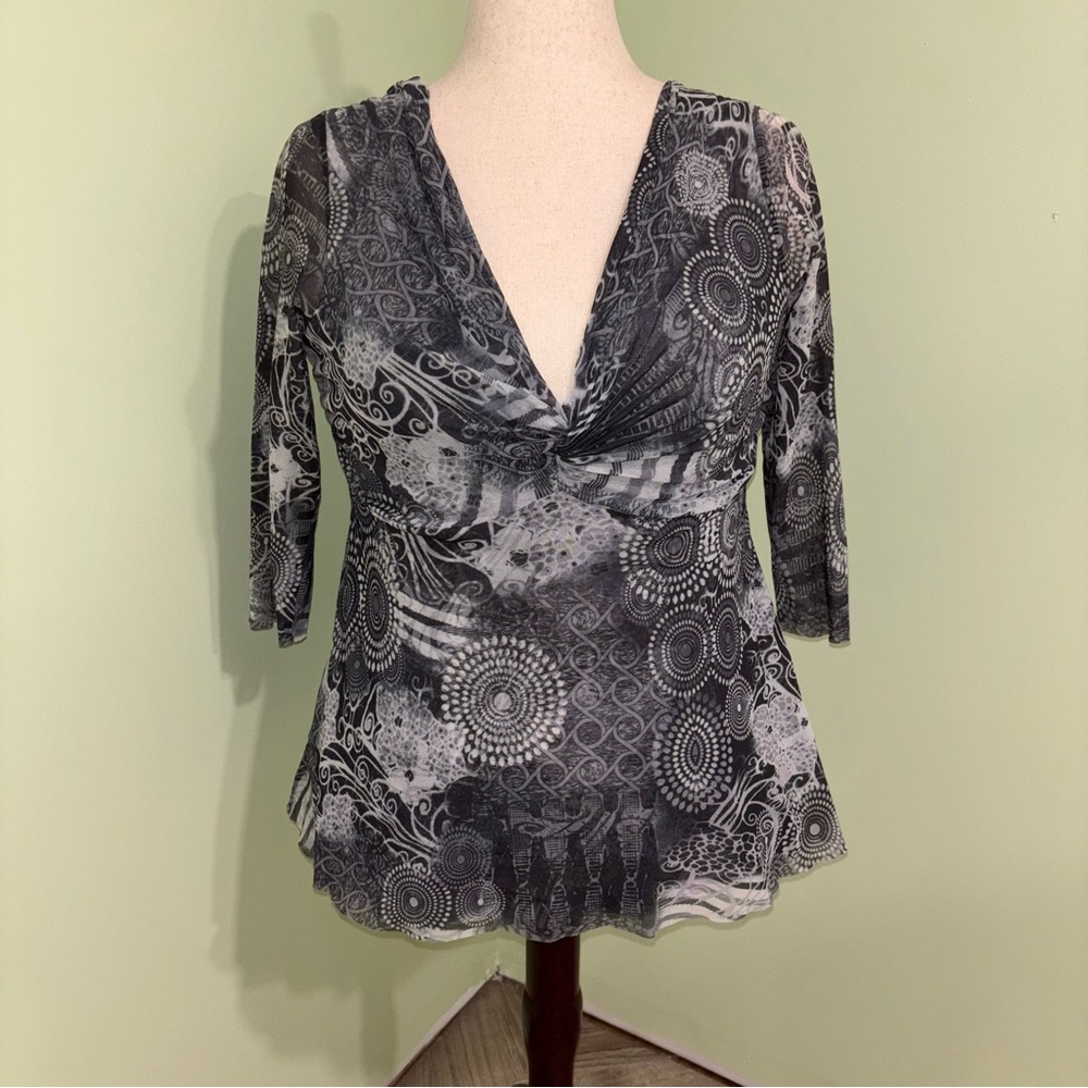 Lucy Fiona Mesh Twist Front Babydoll Y2K Top V-Neck Boho Fairy Women’s Size L